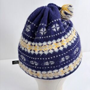 Turtle Fur Beanie Purple Fair Isle Knit Fleece Lined Pom Pom Hat Women Medium